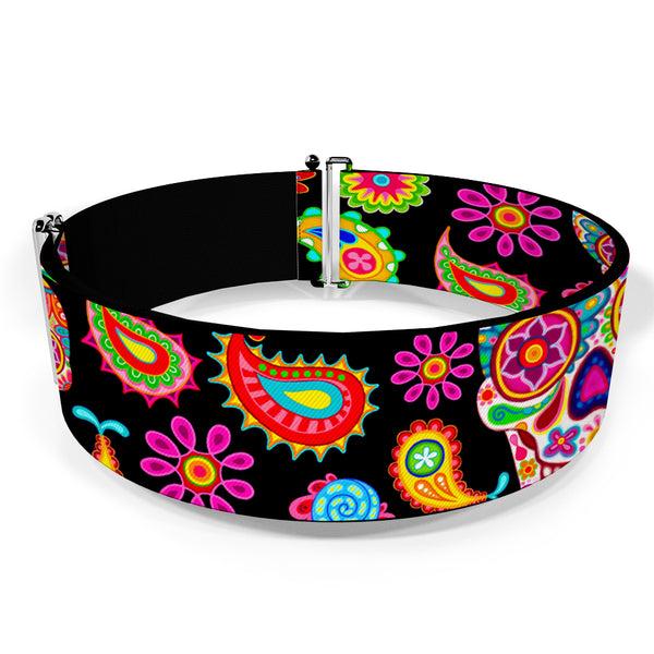 Buckle-Down Cinch Waist Belt - Bobo Sugar Skull Paisley Black Multi Color