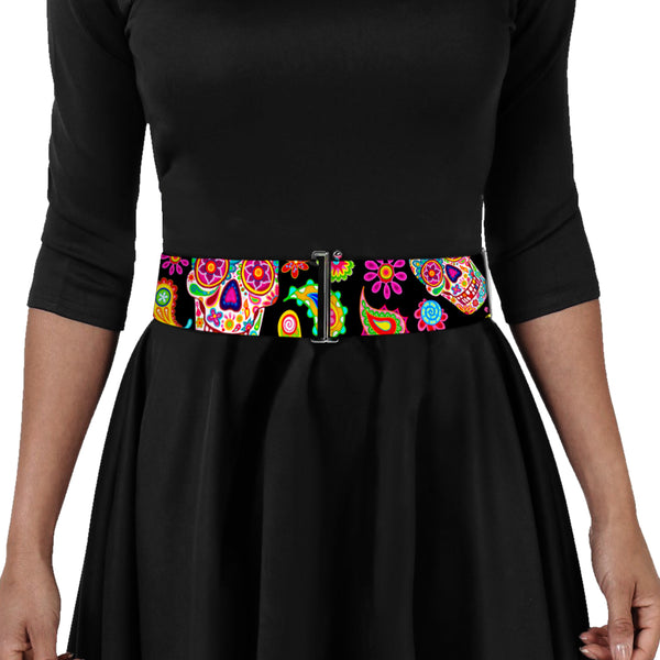 Buckle-Down Cinch Waist Belt - Bobo Sugar Skull Paisley Black Multi Color
