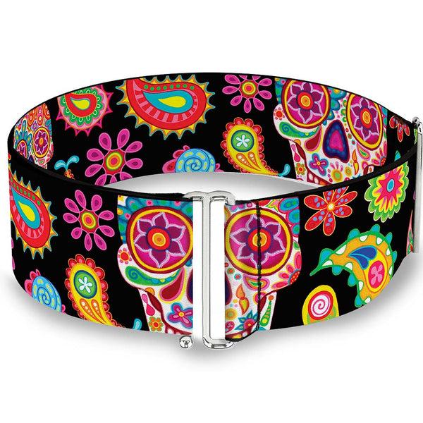 Buckle-Down Cinch Waist Belt - Bobo Sugar Skull Paisley Black Multi Color