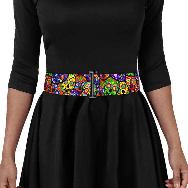 Buckle-Down Cinch Waist Belt - Colorful Calaveras Stacked Multi Color