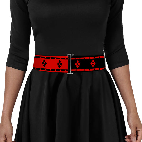 Buckle-Down Cinch Waist Belt - Harley Quinn Diamonds Stripe Split Red Black Black Red