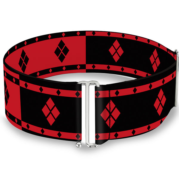 Buckle-Down Cinch Waist Belt - Harley Quinn Diamonds Stripe Split Red Black Black Red