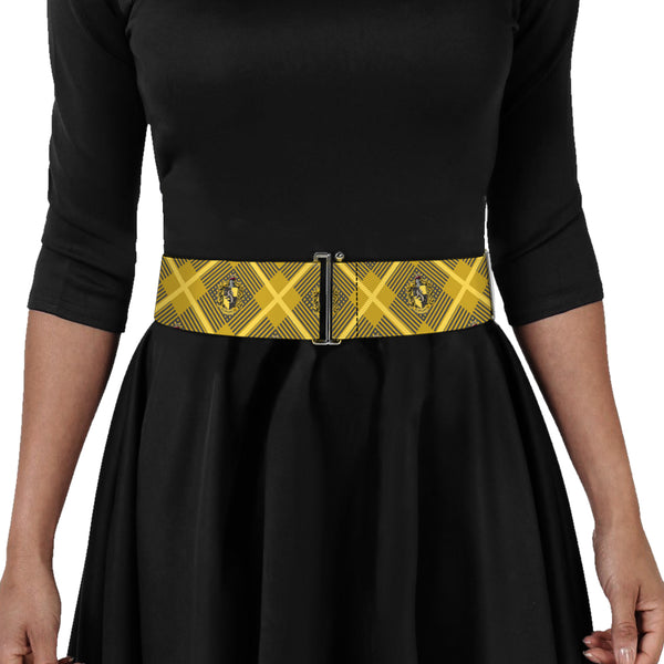 Buckle-Down Cinch Waist Belt - Harry Potter Hufflepuff Crest Plaid Yellows Gray
