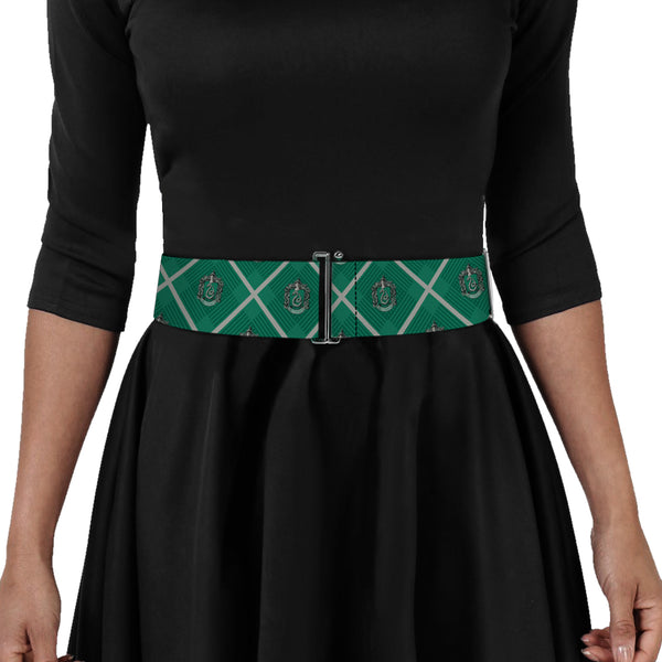 Buckle-Down Cinch Waist Belt - Harry Potter Slytherin Crest Plaid Greens Gray