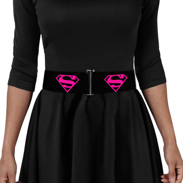 Buckle-Down Cinch Waist Belt - Superman Shield Black Hot Pink