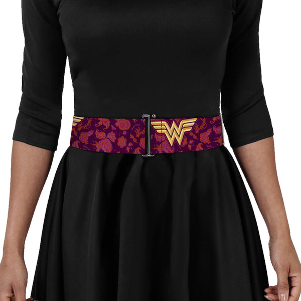 Buckle-Down Cinch Waist Belt - Wonder Woman Logo Floral Collage Purple Pinks Gold