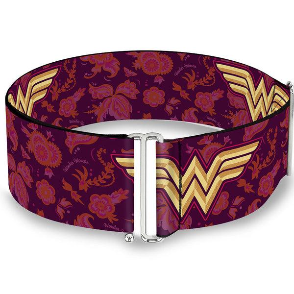 Buckle-Down Cinch Waist Belt - Wonder Woman Logo Floral Collage Purple Pinks Gold
