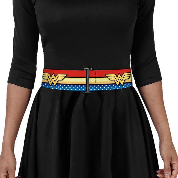 Buckle-Down Cinch Waist Belt - Wonder Woman Logo Stripe Stars Red Gold Blue White
