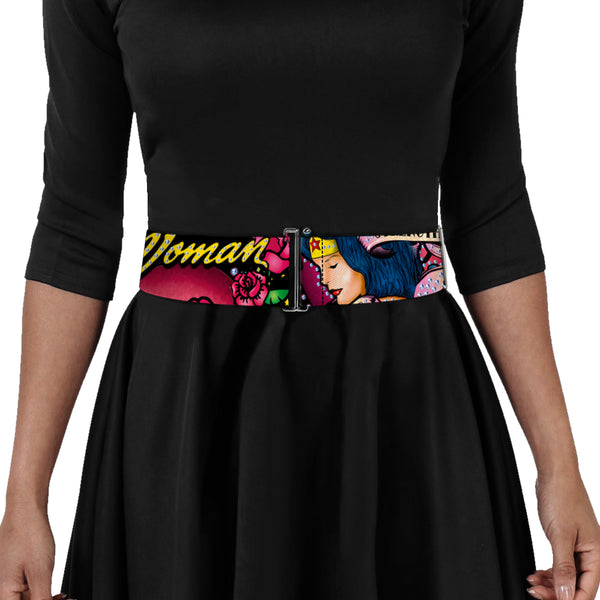 Buckle-Down Cinch Waist Belt - WONDER WOMAN Roses STRENGTH AND BEAUTY Black-Pink Fade