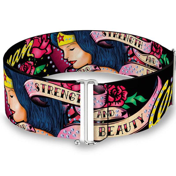 Buckle-Down Cinch Waist Belt - WONDER WOMAN Roses STRENGTH AND BEAUTY Black-Pink Fade