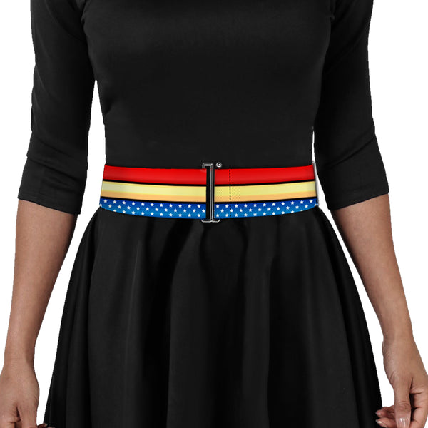 Buckle-Down Cinch Waist Belt - Wonder Woman Stripe Stars Red Gold Blue White