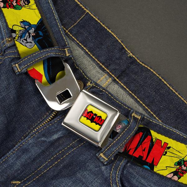 Buckle-Down Classic BATMAN Comic Logo Full Color Yellow Black Red Seatbelt Belt - Classic BATMAN Issue #1 Robin & Batman Cover Pose Yellow/Red Webbing