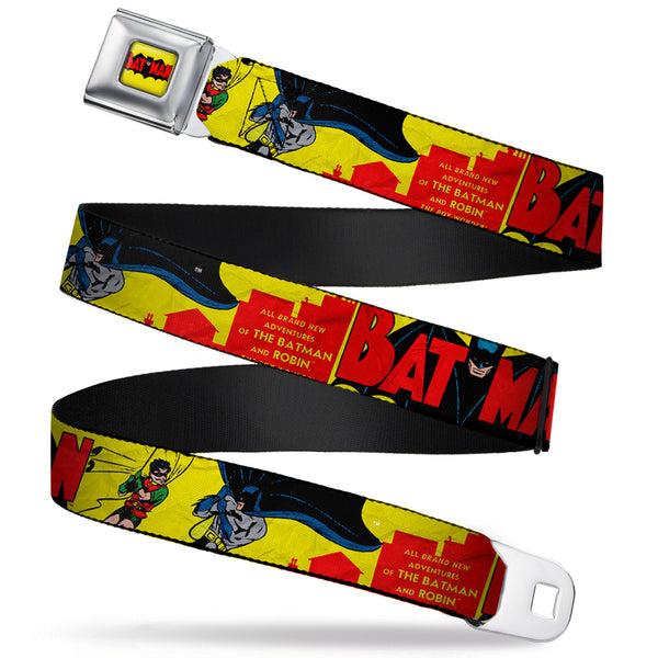 Buckle-Down Classic BATMAN Comic Logo Full Color Yellow Black Red Seatbelt Belt - Classic BATMAN Issue #1 Robin & Batman Cover Pose Yellow/Red Webbing