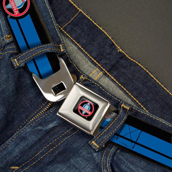 Buckle-Down Classic Mustang COBRA Logo Full Color Black Gray Red Gray Seatbelt Belt - Classic Mustang COBRA Logo/Stripe Black/Blue/Red/Gray Webbing
