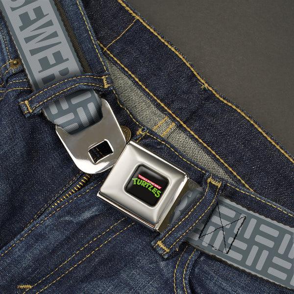 Buckle-Down Classic TEENAGE MUTANT NINJA TURTLES Logo Seatbelt Belt - TEENAGE MUTANT NINJA TURTLES CITY SEWER Title Logo Grays Webbing