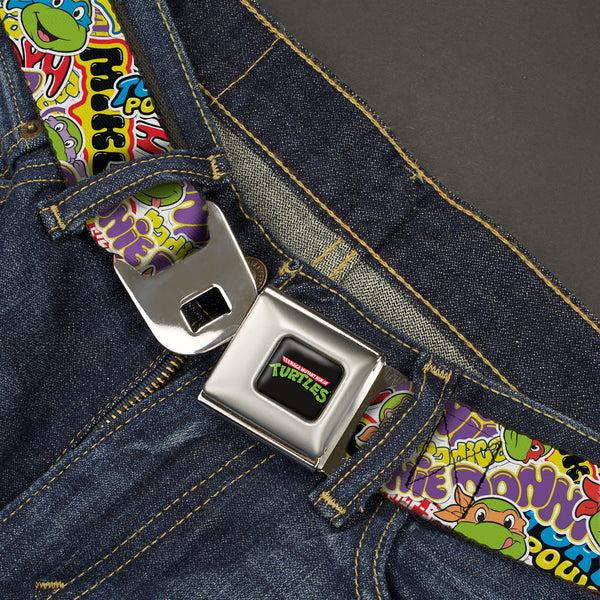 Buckle-Down Classic TEENAGE MUTANT NINJA TURTLES Logo Seatbelt Belt - Teenage Mutant Ninja Turtles Sticker Slaps Collage White/Multi Color Webbing