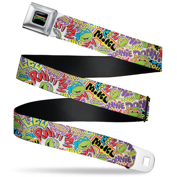 Buckle-Down Classic TEENAGE MUTANT NINJA TURTLES Logo Seatbelt Belt - Teenage Mutant Ninja Turtles Sticker Slaps Collage White/Multi Color Webbing