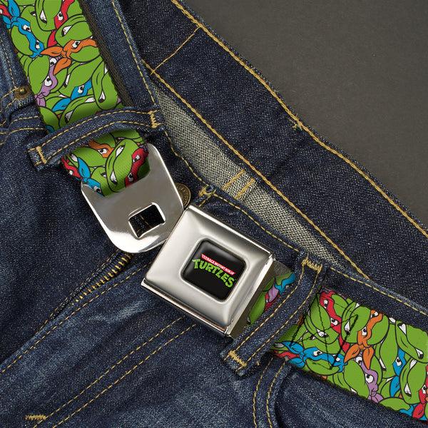 Buckle-Down Classic TEENAGE MUTANT NINJA TURTLES Logo Seatbelt Belt - Teenage Mutant Ninja Turtles Faces Stacked Green/Multi Color Webbing