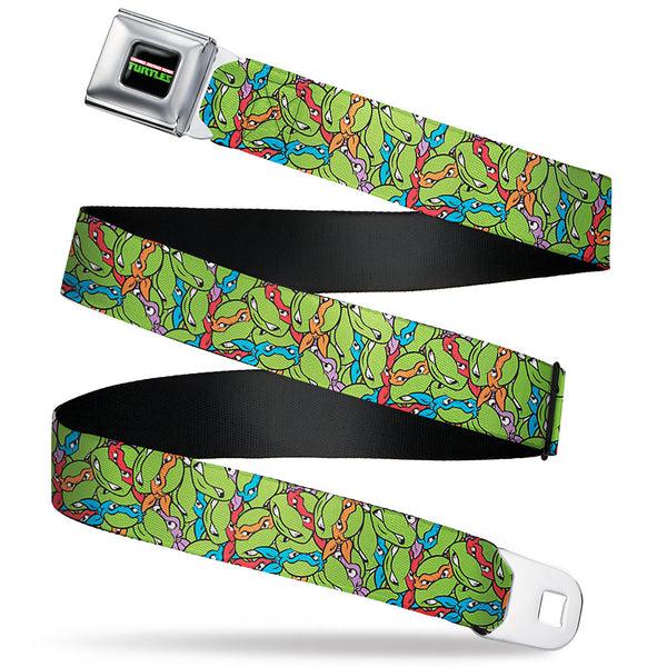 Buckle-Down Classic TEENAGE MUTANT NINJA TURTLES Logo Seatbelt Belt - Teenage Mutant Ninja Turtles Faces Stacked Green/Multi Color Webbing