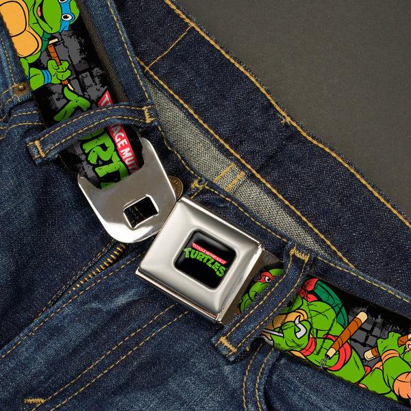 Buckle-Down Classic TMNT Logo Full Color Seatbelt Belt - Classic TEENAGE MUTANT NINJA TURTLES Group Pose4 In Sewer/TMNT Logo Webbing