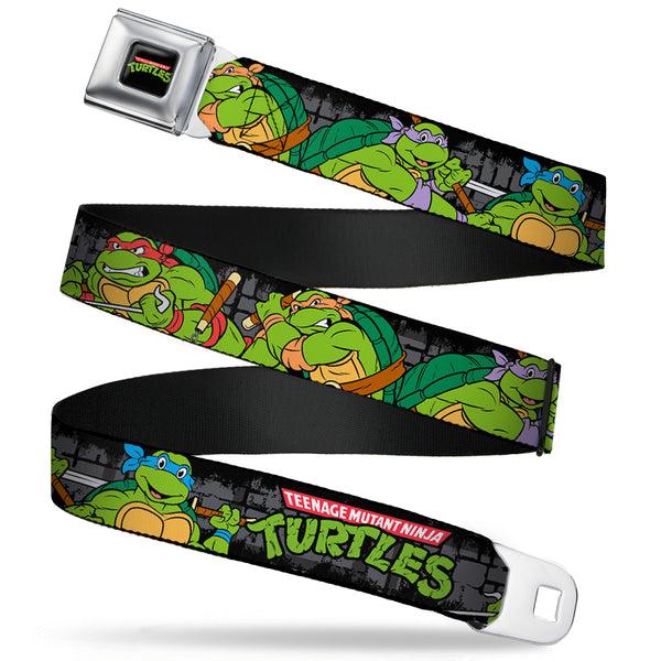 Buckle-Down Classic TMNT Logo Full Color Seatbelt Belt - Classic TEENAGE MUTANT NINJA TURTLES Group Pose4 In Sewer/TMNT Logo Webbing