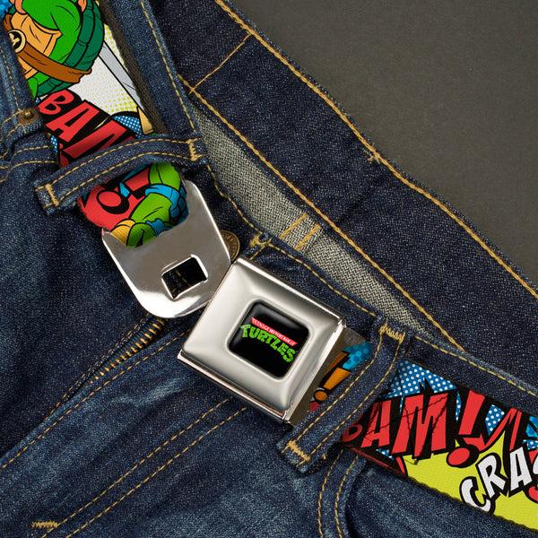 Buckle-Down Classic TMNT Logo Full Color Seatbelt Belt - Classic Teenage Mutant Ninja Turtles Action Poses/Action Bubbles Dots Blues Webbing