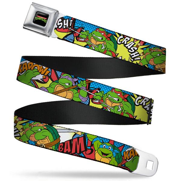 Buckle-Down Classic TMNT Logo Full Color Seatbelt Belt - Classic Teenage Mutant Ninja Turtles Action Poses/Action Bubbles Dots Blues Webbing