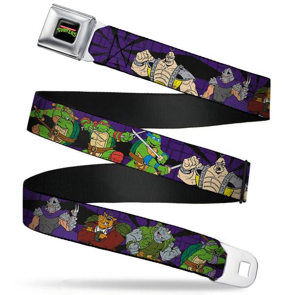 Buckle-Down Classic TMNT Logo Full Color Seatbelt Belt - Classic Teenage Mutant Ninja Turtles Group & Villain Poses Purple Webbing