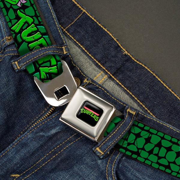 Buckle-Down Classic TMNT Logo Full Color Seatbelt Belt - Classic Teenage Mutant Ninja Turtles Group Faces/TURTLES Turtle Shell Black/Green Webbing
