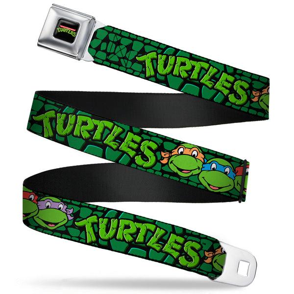 Buckle-Down Classic TMNT Logo Full Color Seatbelt Belt - Classic Teenage Mutant Ninja Turtles Group Faces/TURTLES Turtle Shell Black/Green Webbing