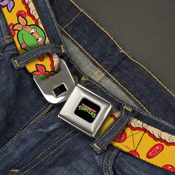Buckle-Down Classic TMNT Logo Full Color Seatbelt Belt - Classic Teenage Mutant Ninja Turtles 4-Turtle Faces Pepperoni Pizza/Turtles Pose16 Webbing