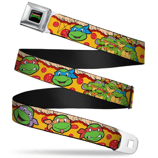 Buckle-Down Classic TMNT Logo Full Color Seatbelt Belt - Classic Teenage Mutant Ninja Turtles 4-Turtle Faces Pepperoni Pizza/Turtles Pose16 Webbing