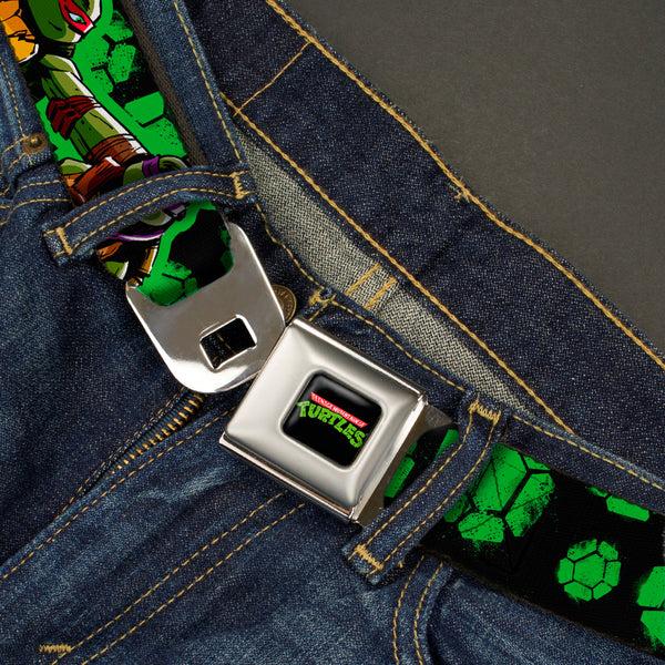 Buckle-Down Classic TMNT Logo Full Color Seatbelt Belt - Classic TMNT Turtles Pose11 & Splinter NINJAS IN TRAINING Black/Green Webbing