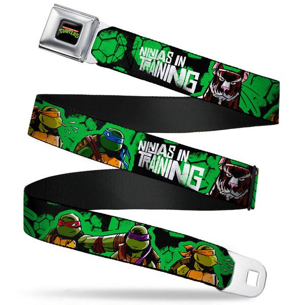 Buckle-Down Classic TMNT Logo Full Color Seatbelt Belt - Classic TMNT Turtles Pose11 & Splinter NINJAS IN TRAINING Black/Green Webbing