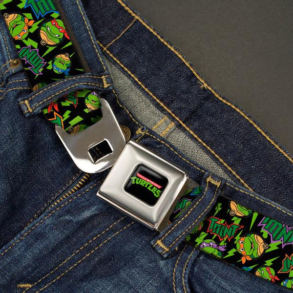 Buckle-Down Classic TMNT Logo Full Color Seatbelt Belt - Classic TMNT/Bolts/Faces Black/Greens Webbing