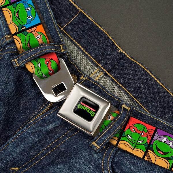 Buckle-Down Classic TMNT Logo Full Color Seatbelt Belt - Classic Teenage Mutant Ninja Turtles Face Blocks Black/Multi Color Webbing