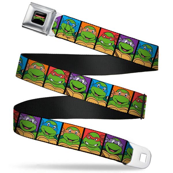 Buckle-Down Classic TMNT Logo Full Color Seatbelt Belt - Classic Teenage Mutant Ninja Turtles Face Blocks Black/Multi Color Webbing
