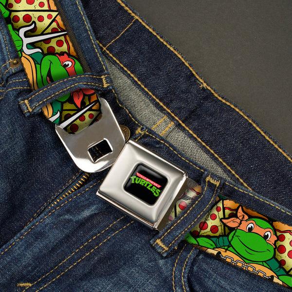 Buckle-Down Classic TMNT Logo Full Color Seatbelt Belt - Classic Teenage Mutant Ninja Turtles Turtle Poses/Pizza Slices Webbing