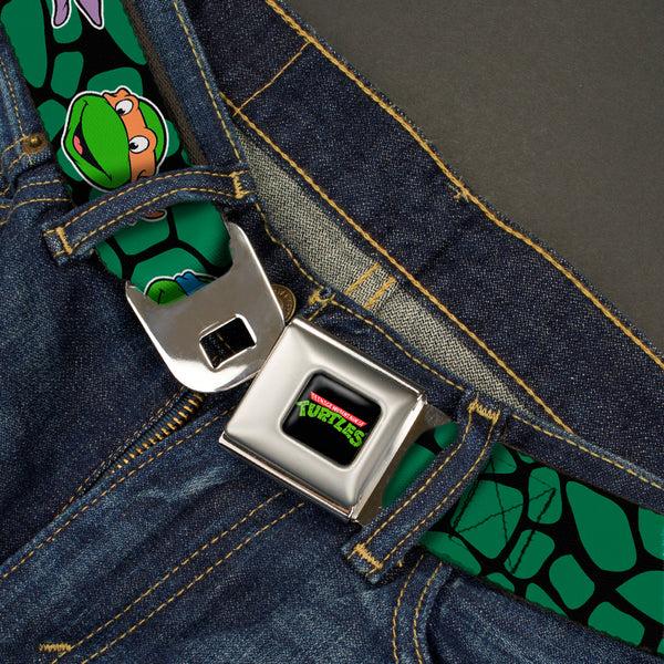 Buckle-Down Classic TMNT Logo Full Color Seatbelt Belt - Classic TEENAGE MUTANT NINJA TURTLES Turtle Faces Black/Green Turtle Shell Webbing