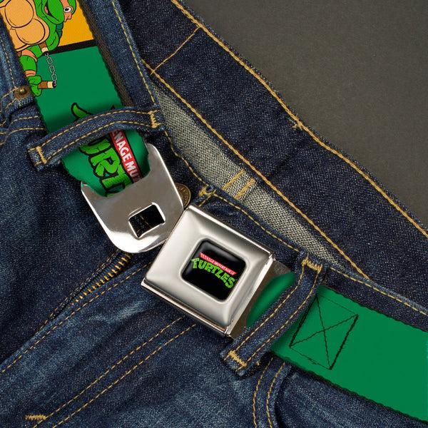 Buckle-Down Classic TMNT Logo Full Color Seatbelt Belt - Classic TEENAGE MUTANT NINJA TURTLES Group Pose3/TMNT Logo Green/Multi Color Webbing