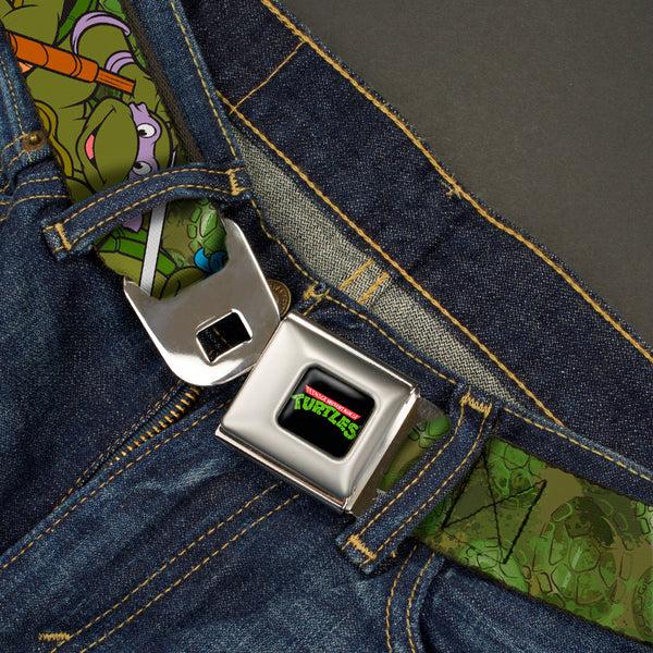 Buckle-Down Classic TMNT Logo Full Color Seatbelt Belt - Classic Teenage Mutant Ninja Turtles Group Pose CLOSE-UP Camo Turtle Shell Webbing