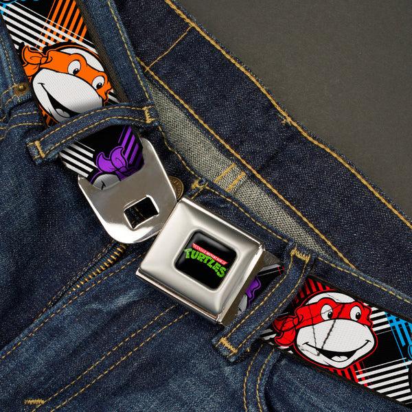Buckle-Down Classic TMNT Logo Full Color Seatbelt Belt - Classic Teenage Mutant Ninja Turtles Masked Faces/Stripes Black/White/Multi Color Webbing
