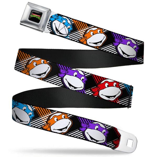 Buckle-Down Classic TMNT Logo Full Color Seatbelt Belt - Classic Teenage Mutant Ninja Turtles Masked Faces/Stripes Black/White/Multi Color Webbing