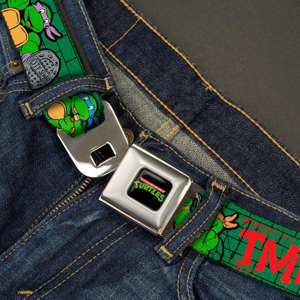 Buckle-Down Classic TMNT Logo Full Color Seatbelt Belt - Classic Teenage Mutant Ninja Turtles Group Pose2/TMNT Green Brick Wall Webbing