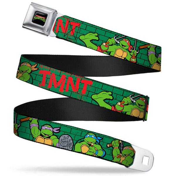 Buckle-Down Classic TMNT Logo Full Color Seatbelt Belt - Classic Teenage Mutant Ninja Turtles Group Pose2/TMNT Green Brick Wall Webbing