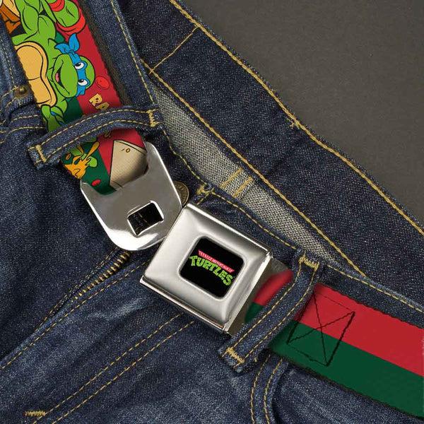 Buckle-Down Classic TMNT Logo Full Color Seatbelt Belt - Classic TMNT 4-Turtles Pizza Party Stripe Red/Green Webbing