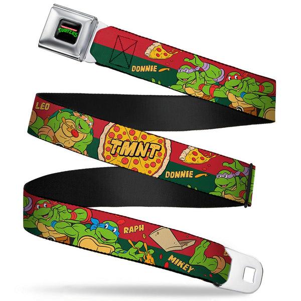 Buckle-Down Classic TMNT Logo Full Color Seatbelt Belt - Classic TMNT 4-Turtles Pizza Party Stripe Red/Green Webbing