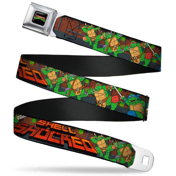 Buckle-Down Classic TMNT Logo Full Color Seatbelt Belt - Classic Teenage Mutant Ninja Turtles Turtles Pose15 SHELL SHOCKED Brick Wall/Splatter Webbing