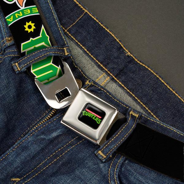 Buckle-Down Classic TMNT Logo Full Color Seatbelt Belt - Classic Teenage Mutant Ninja Turtles Group Faces/TMNT/Ninja Star Black/Green Webbing