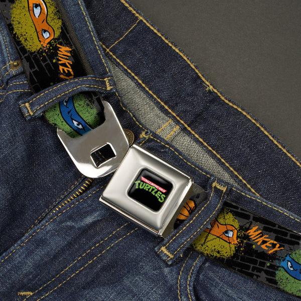 Buckle-Down Classic TMNT Logo Full Color Seatbelt Belt - Classic Teenage Mutant Ninja Turtles Faces/Names "Graffiti" Black/Gray/Multi Color Webbing